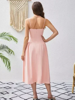 Date Night Dresses Midi Sleeveless Straps Neck Elegant Pink Dress