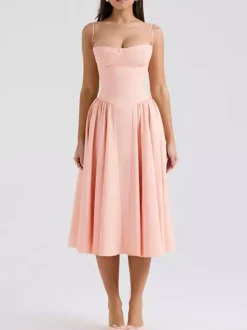Date Night Dresses Midi Sleeveless Straps Neck Elegant Pink Dress