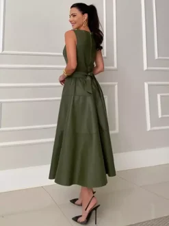 Date Night Dresses Midi Sleeveless Jewel Neck Chic Green Dress