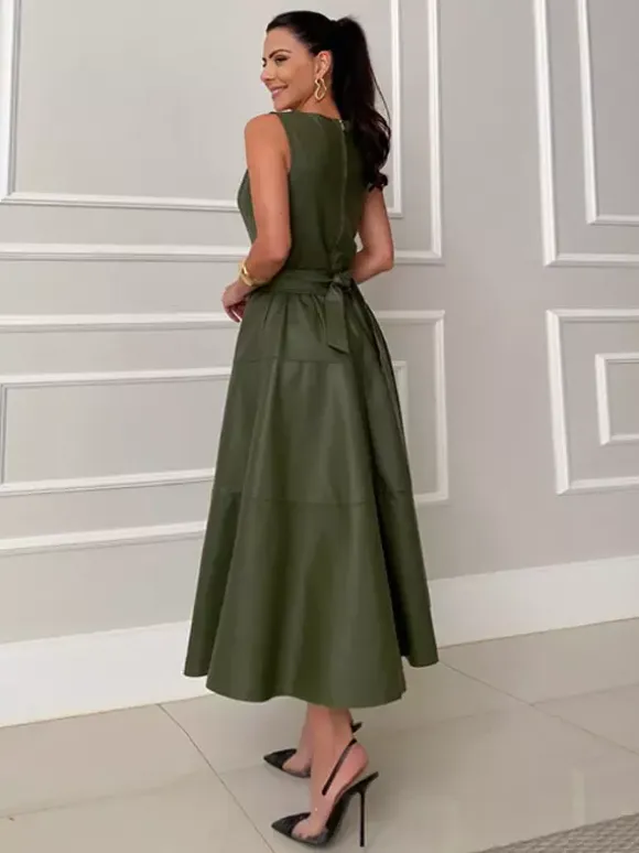 Date Night Dresses Midi Sleeveless Jewel Neck Chic Green Dress