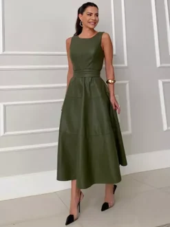 Date Night Dresses Midi Sleeveless Jewel Neck Chic Green Dress