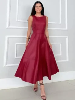 Date Night Dresses Midi Sleeveless Jewel Neck Chic Green Dress