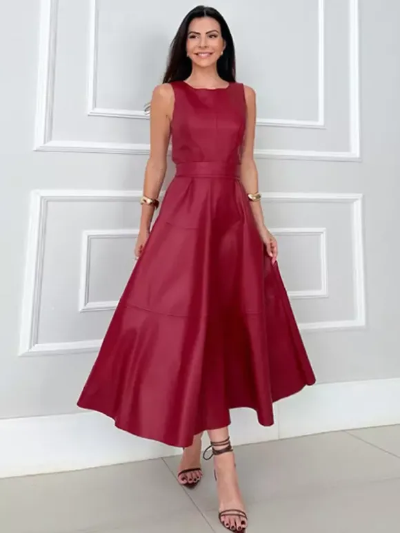Date Night Dresses Midi Sleeveless Jewel Neck Chic Green Dress