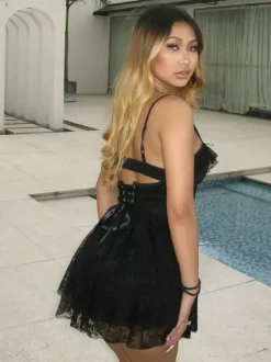 Date Night Dresses Mini Backless Lace Up Lace Sleeveless V-Neck Sexy White Dress