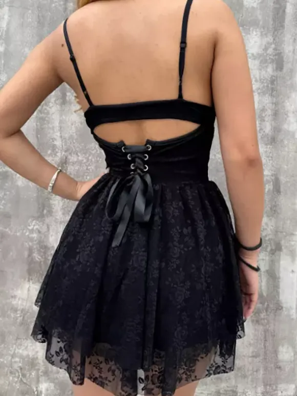 Date Night Dresses Mini Backless Lace Up Lace Sleeveless V-Neck Sexy White Dress