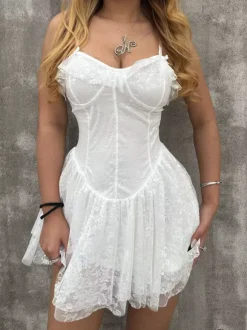 Date Night Dresses Mini Backless Lace Up Lace Sleeveless V-Neck Sexy White Dress