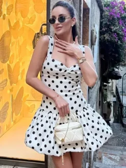 Date Night Dresses Mini Backless Sleeveless Polka Dot Straps Neck Casual White Summer Dress