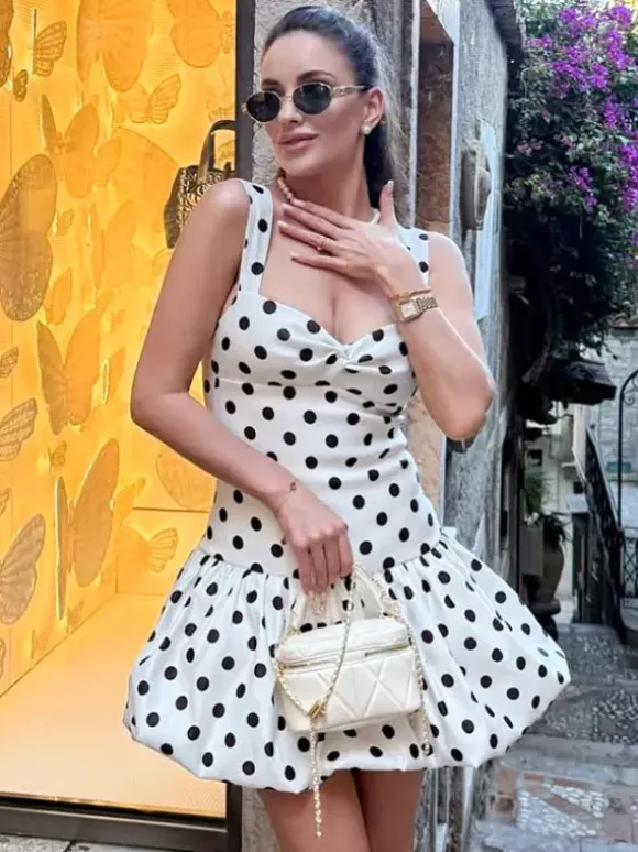Date Night Dresses Mini Backless Sleeveless Polka Dot Straps Neck Casual White Summer Dress