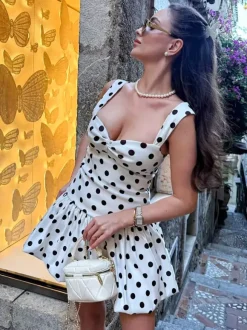 Date Night Dresses Mini Backless Sleeveless Polka Dot Straps Neck Casual White Summer Dress