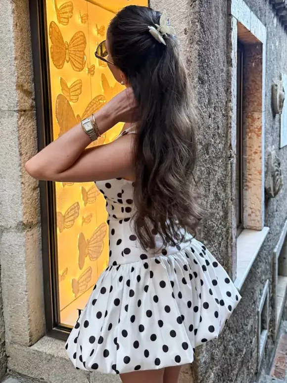 Date Night Dresses Mini Backless Sleeveless Polka Dot Straps Neck Casual White Summer Dress