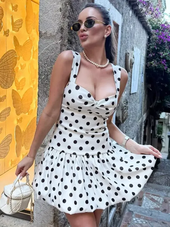 Date Night Dresses Mini Backless Sleeveless Polka Dot Straps Neck Casual White Summer Dress