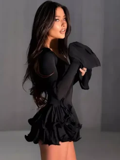Date Night Dresses Mini Buttons Ruffles Long Sleeves V-Neck Flared Sleeves Elegant Pink Dress