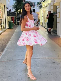 Date Night Dresses Mini Backless Pleated Sleeveless Floral Print Square Neck Sexy Dress