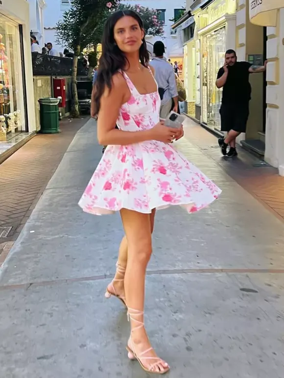 Date Night Dresses Mini Backless Pleated Sleeveless Floral Print Square Neck Sexy Dress