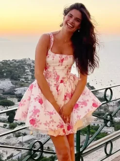 Date Night Dresses Mini Backless Pleated Sleeveless Floral Print Square Neck Sexy Dress