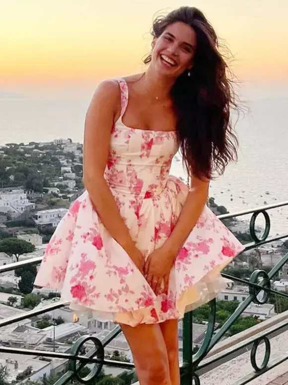 Date Night Dresses Mini Backless Pleated Sleeveless Floral Print Square Neck Sexy Dress