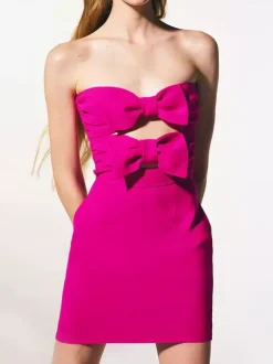 Date Night Dresses Mini Backless Bows Zipper Sleeveless Strapless Elegant Rose Dress