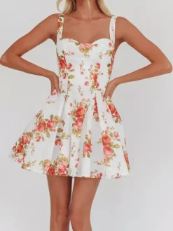 Date Night Dresses Mini Backless Grommets Zipper Sleeveless Floral Print Square Neck Chic Dress
