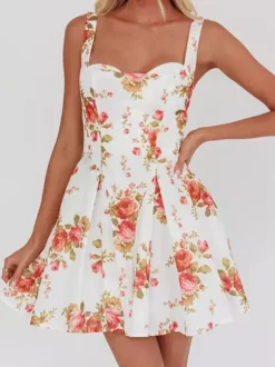 Date Night Dresses Mini Backless Grommets Zipper Sleeveless Floral Print Square Neck Chic Dress