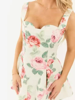 Date Night Dresses Mini Backless Grommets Zipper Sleeveless Floral Print Square Neck Chic Dress