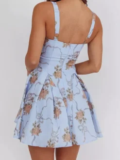 Date Night Dresses Mini Backless Grommets Zipper Sleeveless Floral Print Square Neck Chic Dress