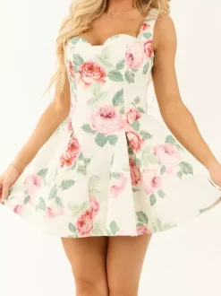Date Night Dresses Mini Backless Grommets Zipper Sleeveless Floral Print Square Neck Chic Dress