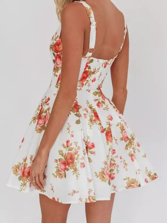 Date Night Dresses Mini Backless Grommets Zipper Sleeveless Floral Print Square Neck Chic Dress