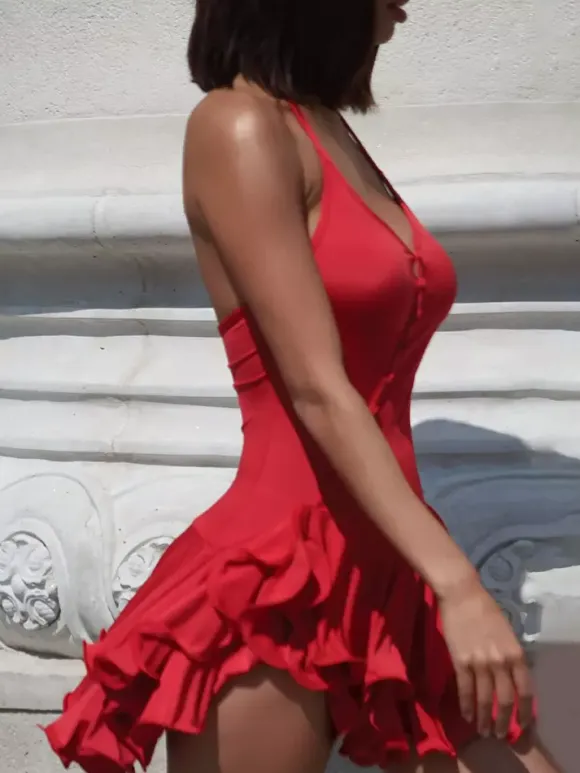 Date Night Dresses Mini Backless Pleated Lace Up Sleeveless V-Neck Chic Red Dress