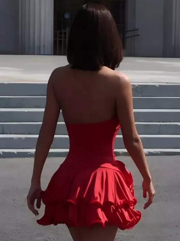 Date Night Dresses Mini Backless Pleated Lace Up Sleeveless V-Neck Chic Red Dress