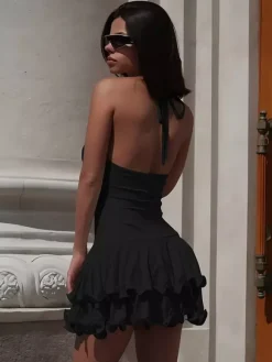 Date Night Dresses Mini Backless Pleated Lace Up Sleeveless V-Neck Chic Red Dress