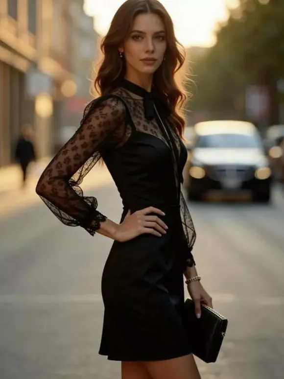 Date Night Dresses Mini Lace Long Puff Sleeves Jewel Neck Elegant Black Dress