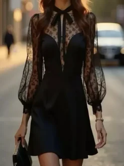 Date Night Dresses Mini Lace Long Puff Sleeves Jewel Neck Elegant Black Dress