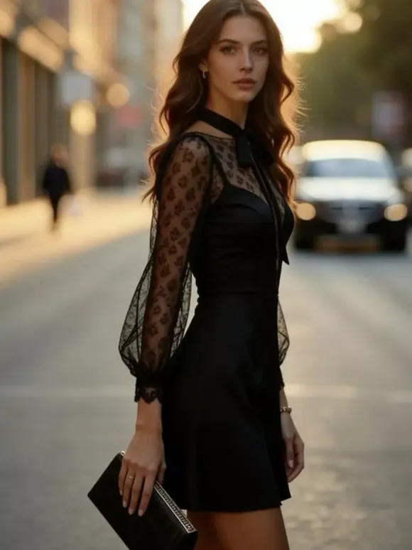 Date Night Dresses Mini Lace Long Puff Sleeves Jewel Neck Elegant Black Dress