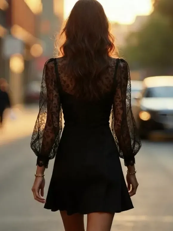 Date Night Dresses Mini Lace Long Puff Sleeves Jewel Neck Elegant Black Dress