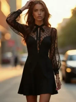 Date Night Dresses Mini Lace Long Puff Sleeves Jewel Neck Elegant Black Dress