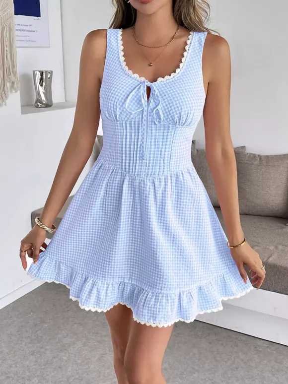 Date Night Dresses Mini Lace Up Sleeveless Backless Blue Knee Length Summer Dress