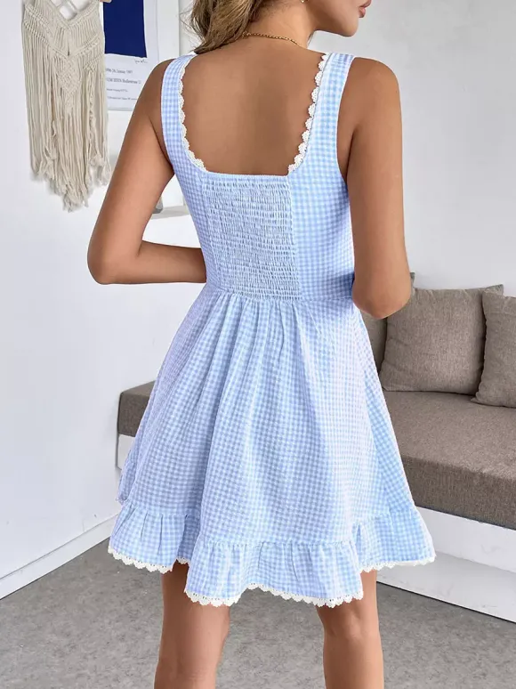 Date Night Dresses Mini Lace Up Sleeveless Backless Blue Knee Length Summer Dress