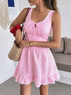 Date Night Dresses Mini Lace Up Sleeveless Backless Blue Knee Length Summer Dress