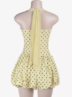 Date Night Dresses Mini Lace Up Sleeveless Halter Chic Yellow Dress