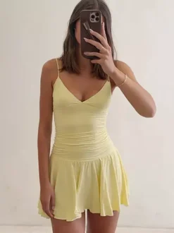 Date Night Dresses Mini Lace Up Sleeveless Backless Straps Neck Sexy Yellow Dress