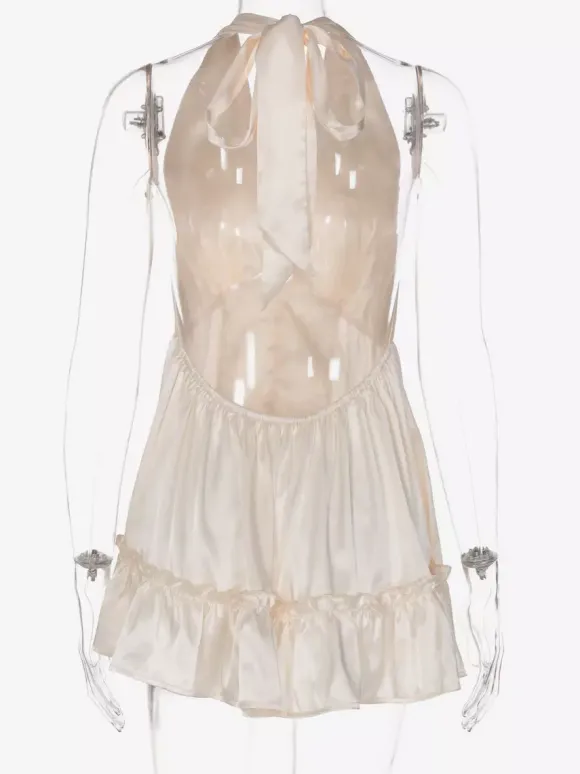 Date Night Dresses Mini Pleated Lace Up Sleeveless Halter Sweet Champagne Dress