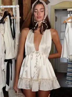 Date Night Dresses Mini Pleated Lace Up Sleeveless Halter Sweet Champagne Dress
