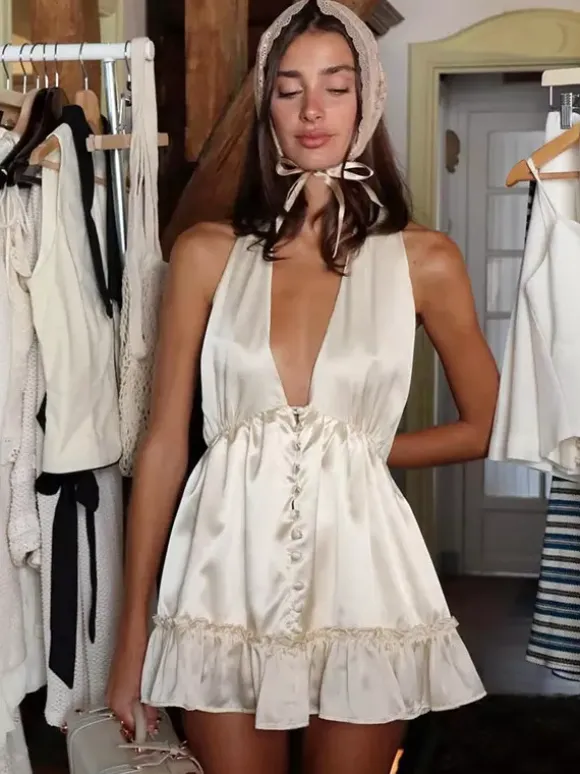 Date Night Dresses Mini Pleated Lace Up Sleeveless Halter Sweet Champagne Dress