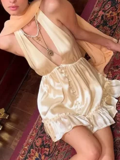 Date Night Dresses Mini Pleated Lace Up Sleeveless Halter Sweet Champagne Dress