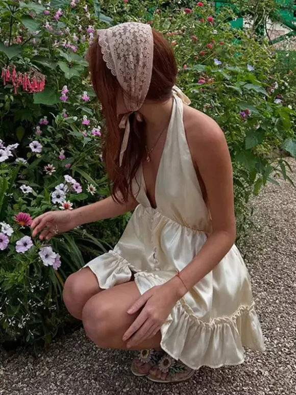 Date Night Dresses Mini Pleated Lace Up Sleeveless Halter Sweet Champagne Dress