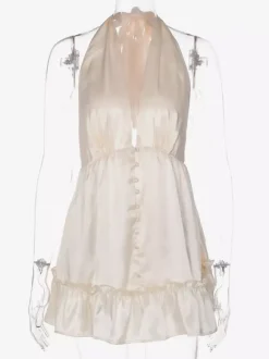 Date Night Dresses Mini Pleated Lace Up Sleeveless Halter Sweet Champagne Dress