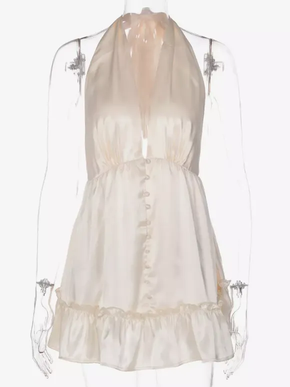Date Night Dresses Mini Pleated Lace Up Sleeveless Halter Sweet Champagne Dress