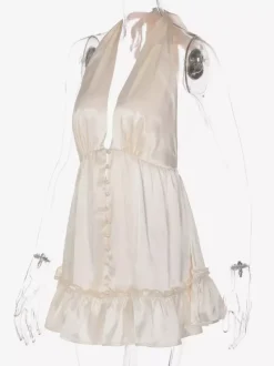 Date Night Dresses Mini Pleated Lace Up Sleeveless Halter Sweet Champagne Dress