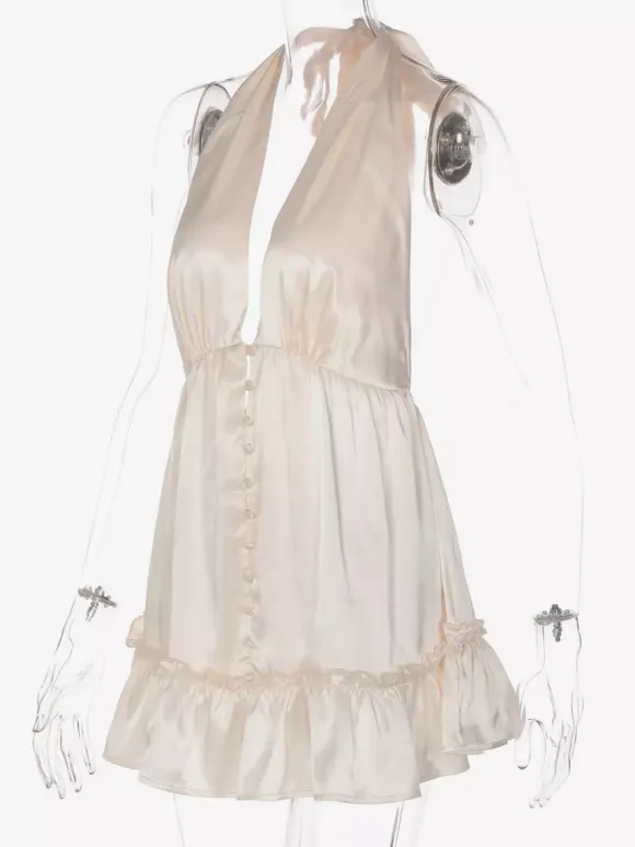 Date Night Dresses Mini Pleated Lace Up Sleeveless Halter Sweet Champagne Dress