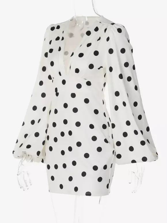 Date Night Dresses Mini Pleated Long Sleeves Polka Dot V-Neck Flared Sleeves Elegant Dress